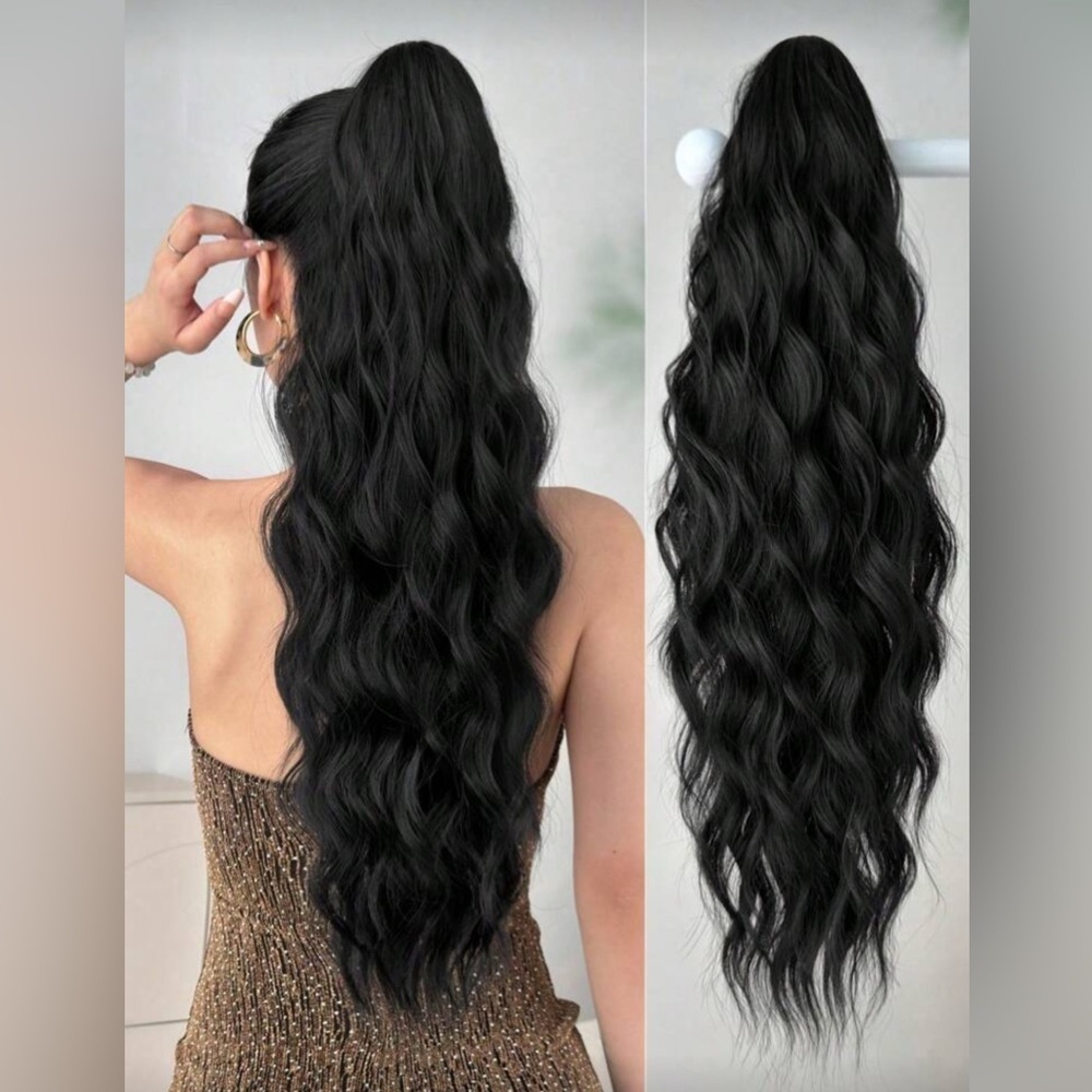 22” Long Wavy Black Clamping 
 Ponytail Extension – Natural Look Hairpiece‎